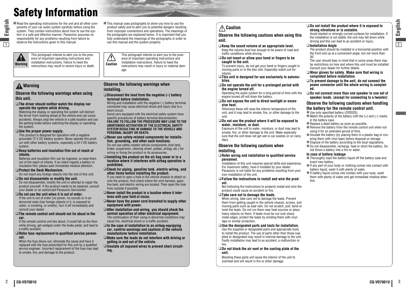 Safety information, English | Panasonic CQ-VD7001U User Manual | Page 2 / 93