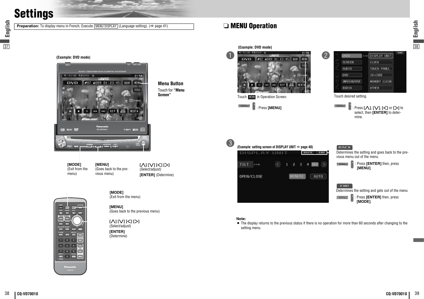 Settings, Menu operation, Text | English, Menu button | Panasonic CQ-VD7001U User Manual | Page 20 / 93