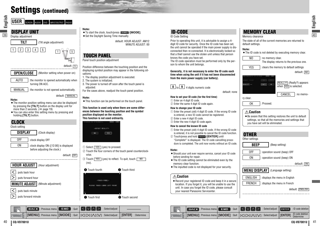 Settings, Continued), Id-code | Other, Display unit, Touch panel, Clock, English, User | Panasonic CQ-VD7001U User Manual | Page 21 / 93