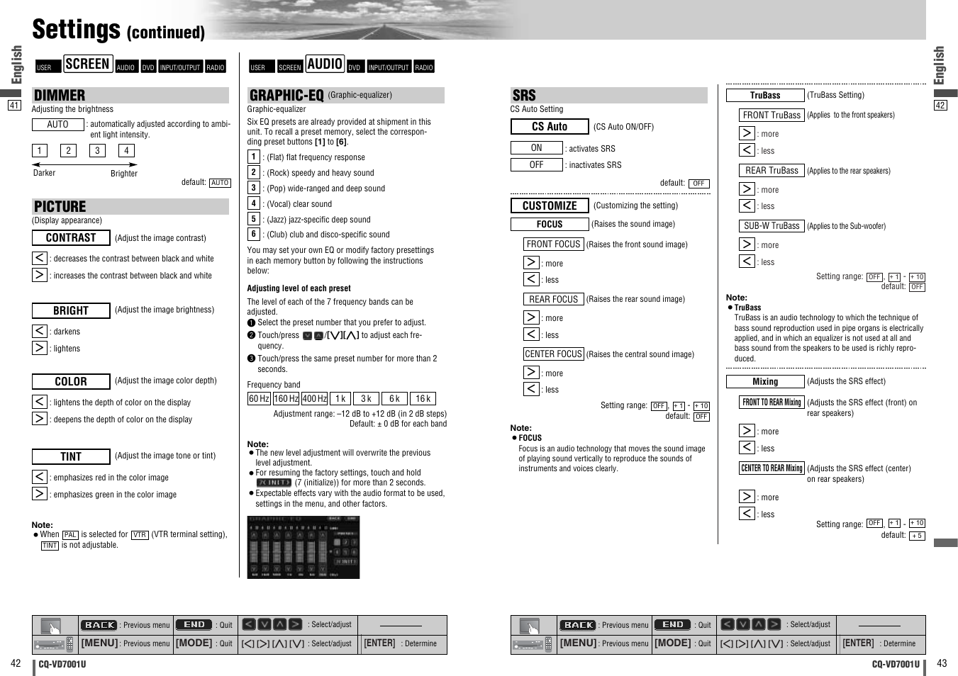 Settings, Continued), Dimmer | Picture, Graphic-eq, English, Audio, Screen | Panasonic CQ-VD7001U User Manual | Page 22 / 93