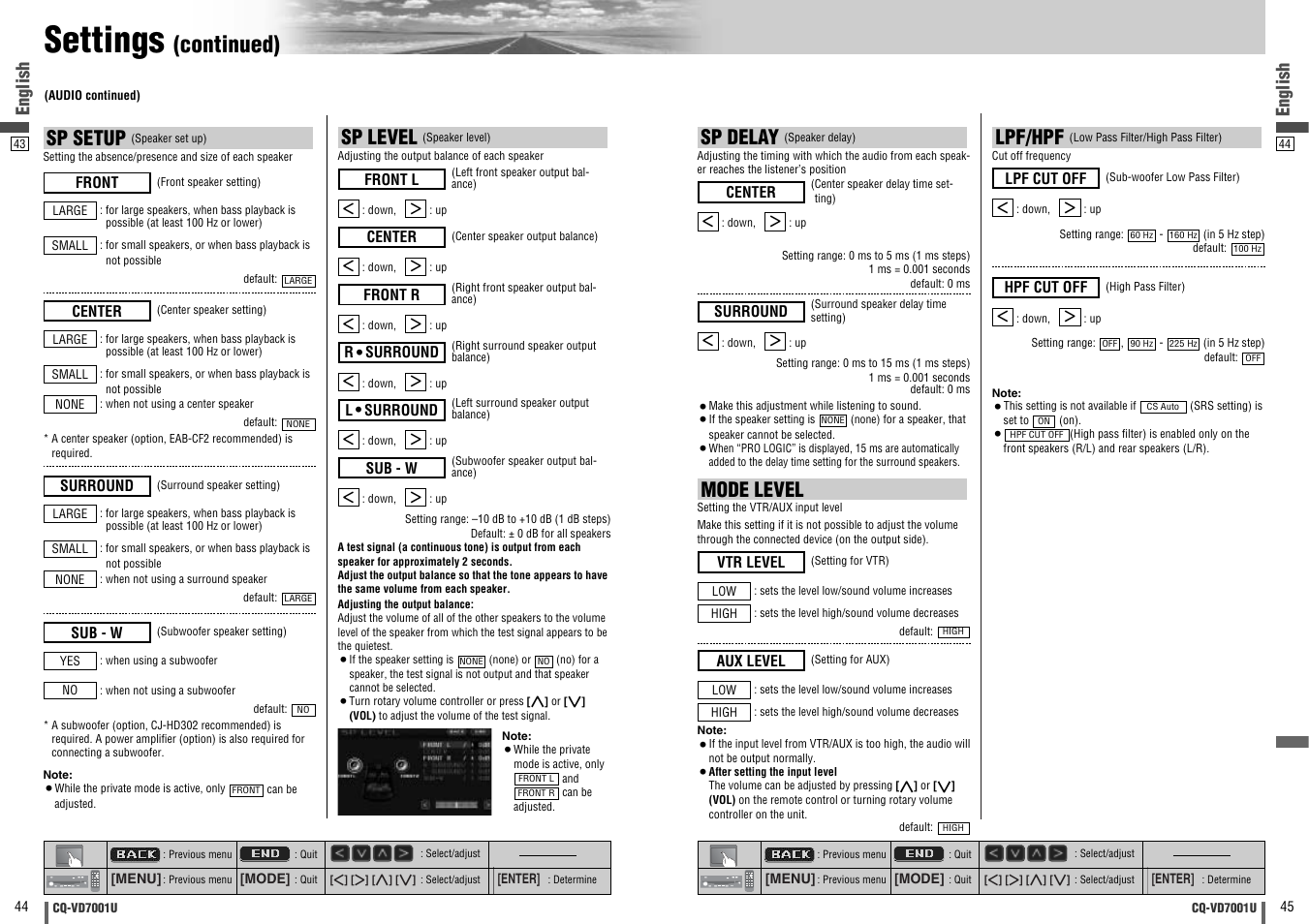 Settings, Continued), Lpf/hpf | Sp level, Sp setup, Sp delay, Mode level, English | Panasonic CQ-VD7001U User Manual | Page 23 / 93