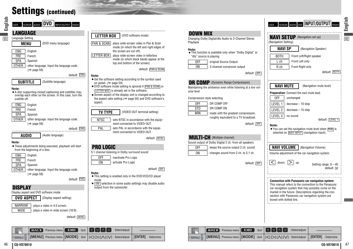 Settings, Continued), Navi setup | Display, Pro logic, Language, Down mix, Multi-ch, Dr comp, English | Panasonic CQ-VD7001U User Manual | Page 24 / 93