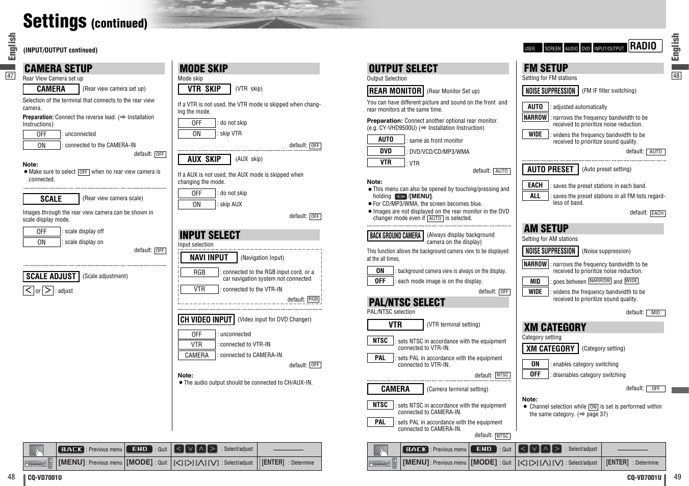 Settings, Continued), Pal/ntsc select | Fm setup, Am setup, Xm category, Input select, Output select, Camera setup, Mode skip | Panasonic CQ-VD7001U User Manual | Page 25 / 93