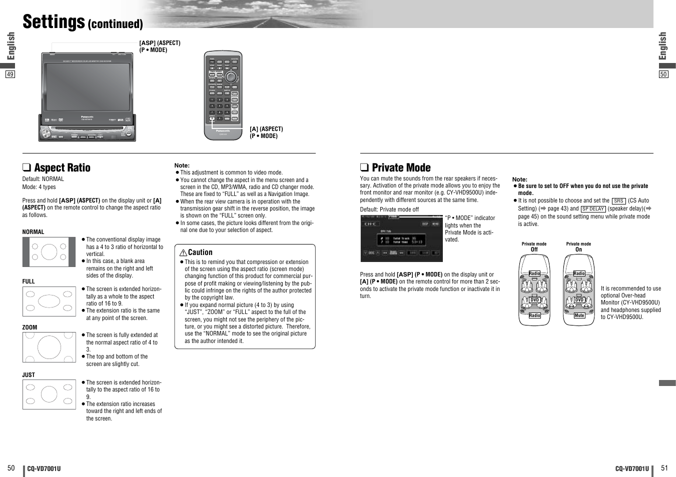 Settings, Continued), Aspect ratio | Private mode, Enter, Open / close, Text, English, Caution | Panasonic CQ-VD7001U User Manual | Page 26 / 93