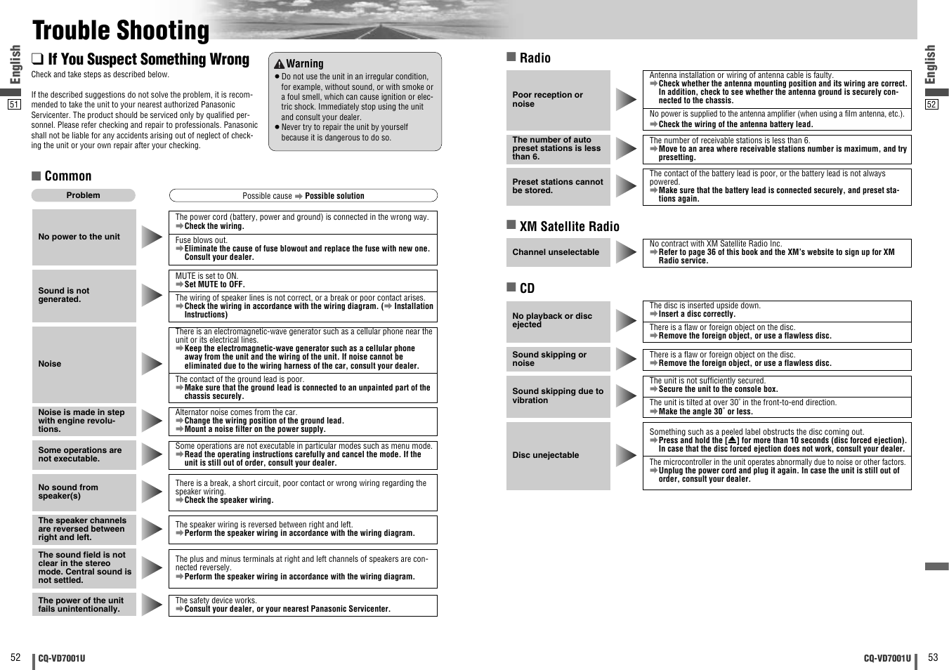 Troubleshooting, Trouble shooting, If you suspect something wrong | English, English ■ common, Radio ■ xm satellite radio ■ cd | Panasonic CQ-VD7001U User Manual | Page 27 / 93