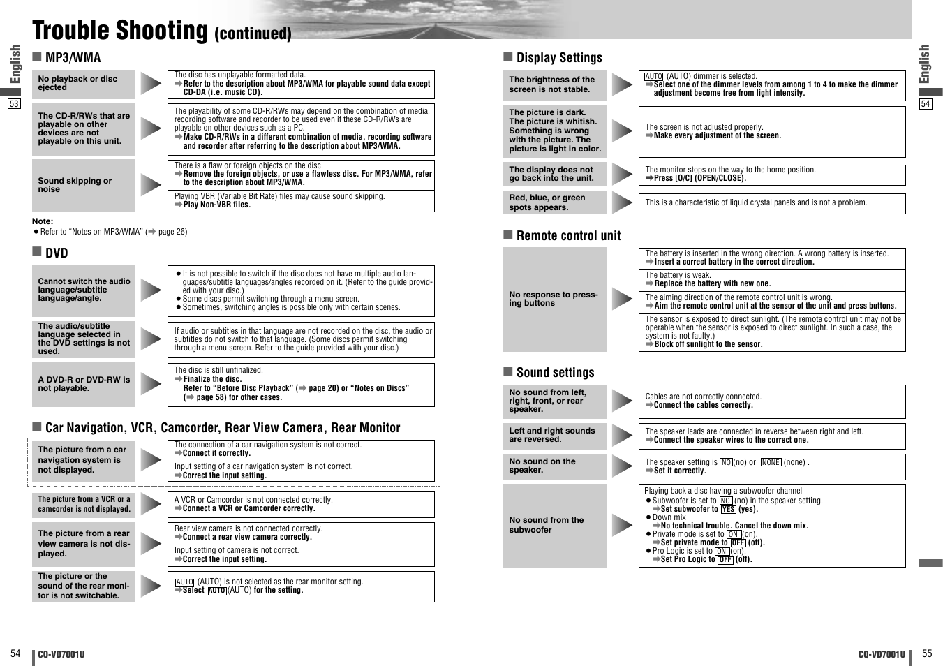 Trouble shooting, Continued), English | English ■ mp3/wma | Panasonic CQ-VD7001U User Manual | Page 28 / 93