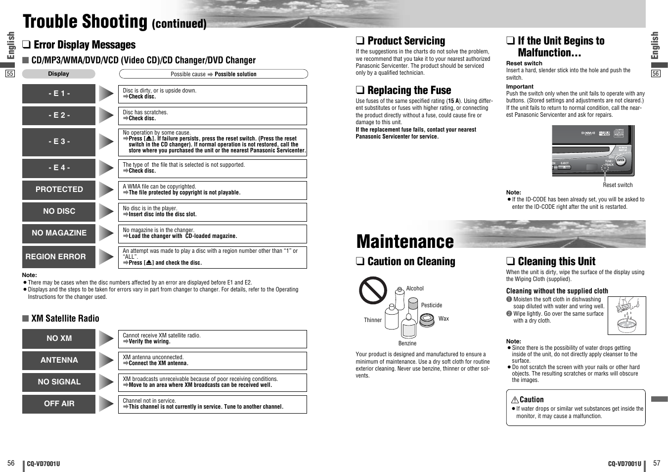 Maintenance, Trouble shooting, Continued) | Error display messages, Product servicing, Replacing the fuse, If the unit begins to malfunction, Cleaning this unit, Caution on cleaning, English | Panasonic CQ-VD7001U User Manual | Page 29 / 93