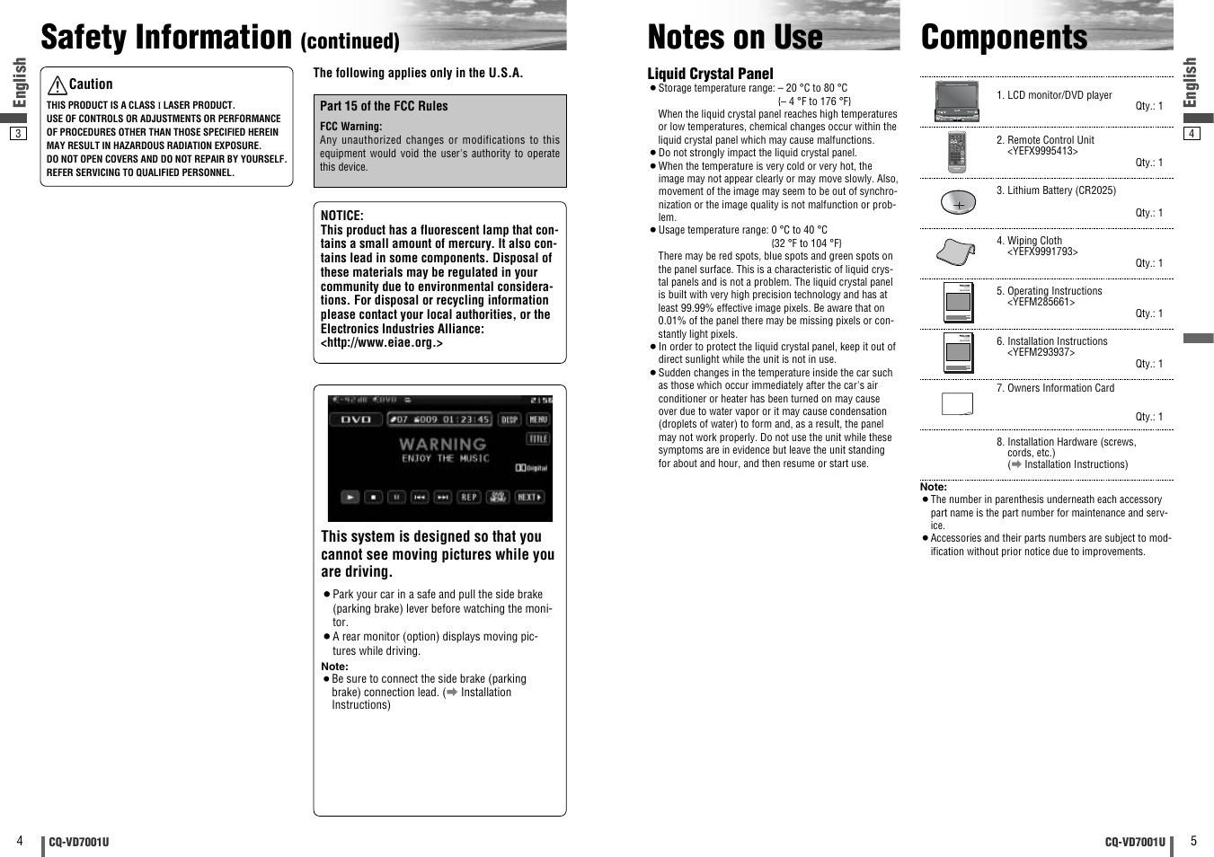 Notes on use, Components, Safety information | Continued) | Panasonic CQ-VD7001U User Manual | Page 3 / 93