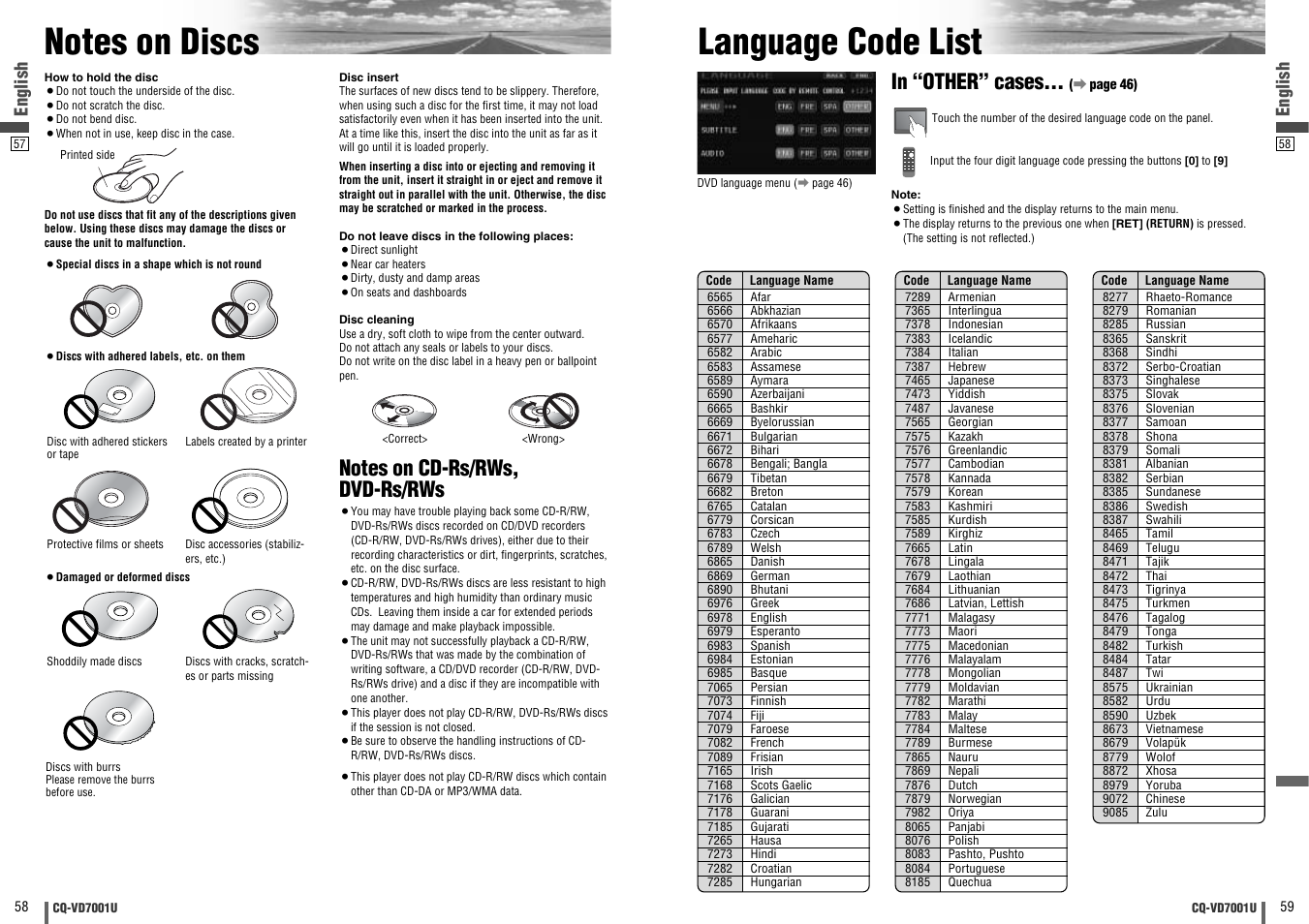 Notes on discs, Language code list, Dvd vtr radio ch-c end | English | Panasonic CQ-VD7001U User Manual | Page 30 / 93