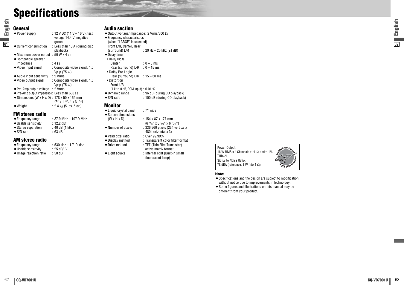 Specifications, English, General | Fm stereo radio, Am stereo radio, Monitor | Panasonic CQ-VD7001U User Manual | Page 32 / 93