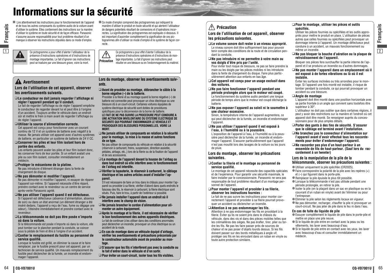 Informations sur la securite, Informations sur la sécurité, Français | Panasonic CQ-VD7001U User Manual | Page 33 / 93