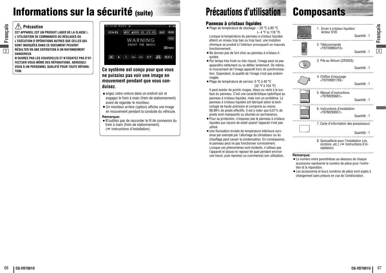 Precautions d'utilisation, Composants, Informations sur la sécurité | Composants précautions d’utilisation, Suite) | Panasonic CQ-VD7001U User Manual | Page 34 / 93