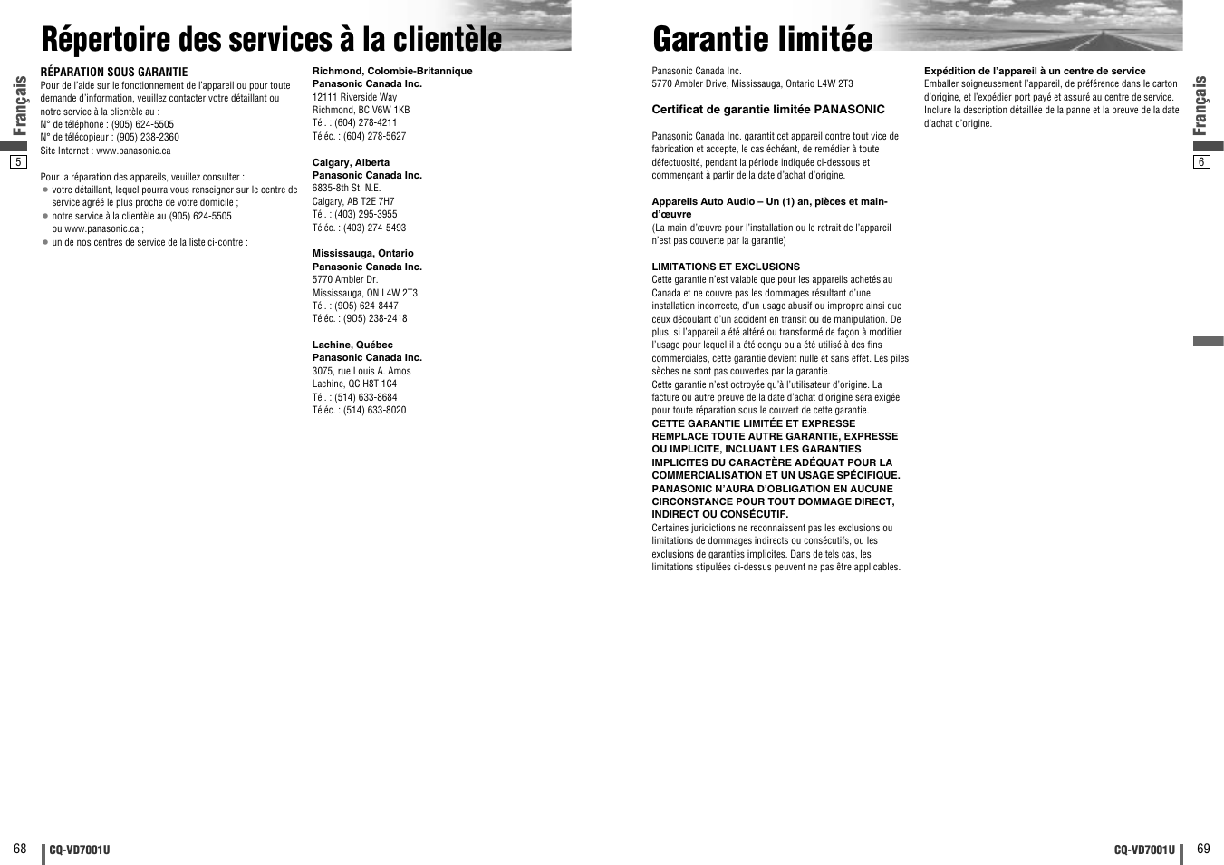 Repertoire des services a la clientele, Garantie limitee, Répertoire des services à la clientèle | Garantie limitée, Français | Panasonic CQ-VD7001U User Manual | Page 35 / 93