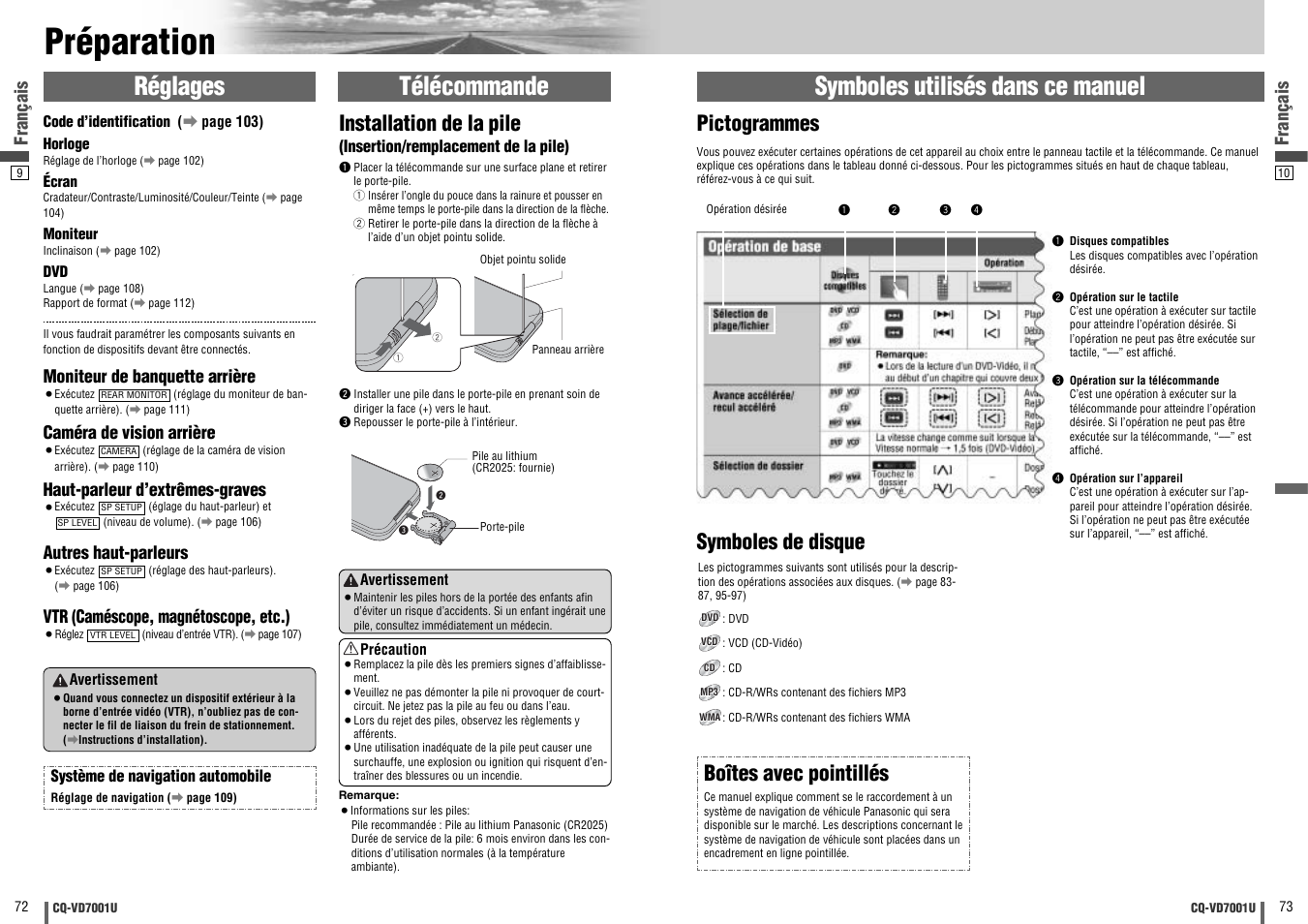 Preparation, Préparation, Pictogrammes | Symboles de disque boîtes avec pointillés, Installation de la pile, Français | Panasonic CQ-VD7001U User Manual | Page 37 / 93