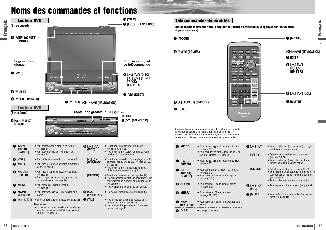 Noms des commandes et fonctions, Text, Français | Lecteur dvd, Lecteur dvd télécommande- généralités | Panasonic CQ-VD7001U User Manual | Page 38 / 93