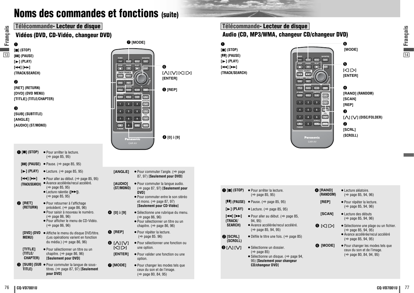 Noms des commandes et fonctions, Suite), Français | Vidéos (dvd, cd-vidéo, changeur dvd) | Panasonic CQ-VD7001U User Manual | Page 39 / 93