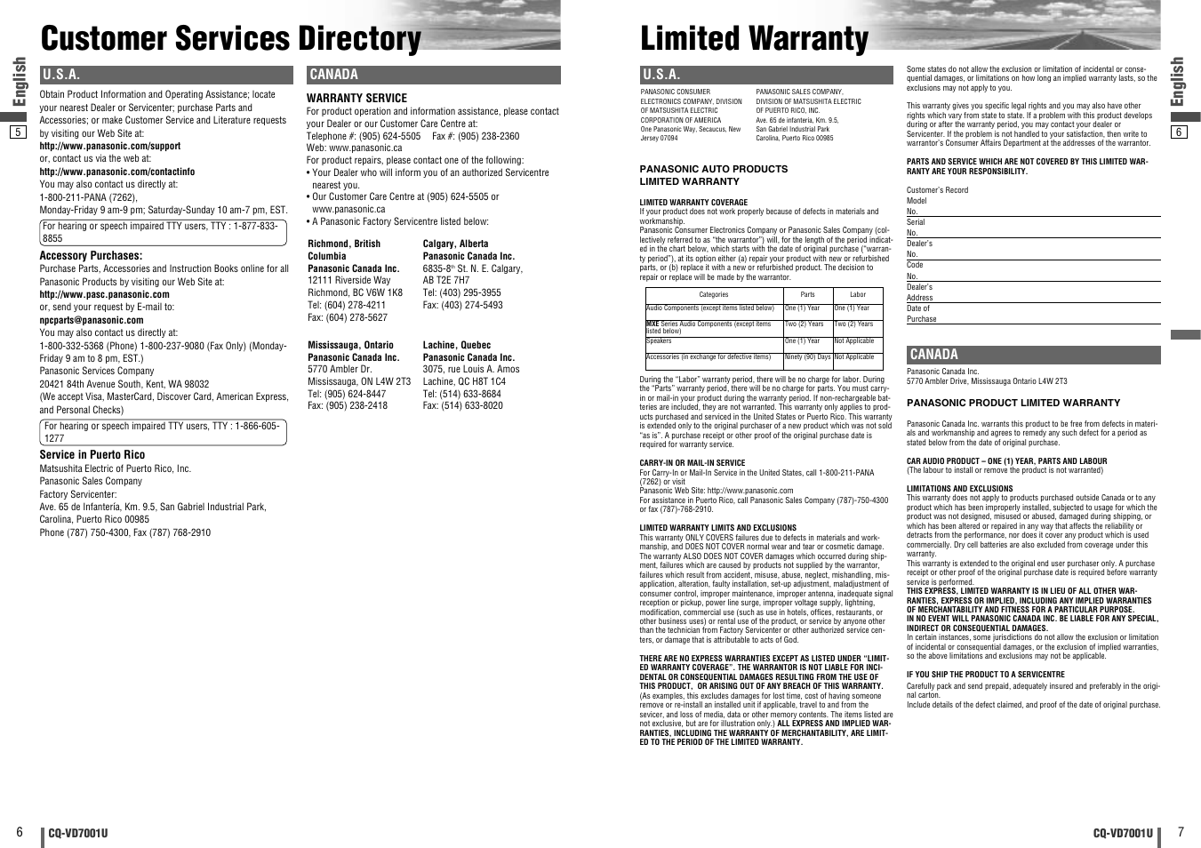 Customer services directory, Limited warranty, English | U.s.a, Canada | Panasonic CQ-VD7001U User Manual | Page 4 / 93