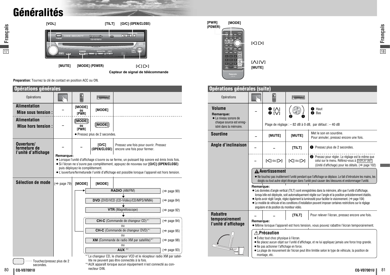 Generalites, Généralités, Dvd vtr radio ch-c end | Français, Opérations générales, Opérations générales (suite), Alimentation mise hors tension, Sourdine, Précaution, Avertissement | Panasonic CQ-VD7001U User Manual | Page 41 / 93