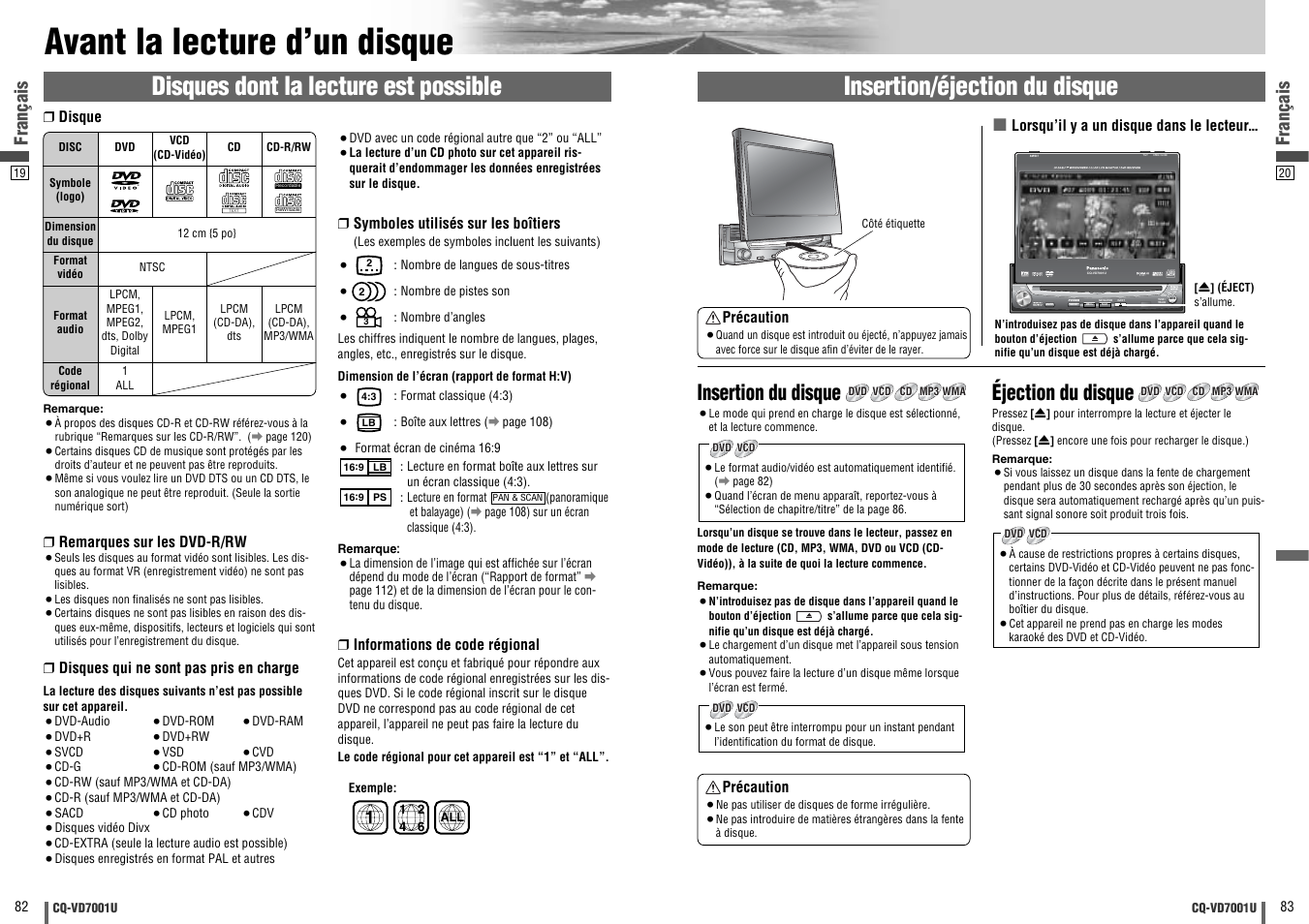 Avant la lecture d'un disque, Avant la lecture d’un disque, Disques dont la lecture est possible | Insertion/éjection du disque, Insertion du disque, Éjection du disque, Enter, Open / close, Tilt text, Français | Panasonic CQ-VD7001U User Manual | Page 42 / 93