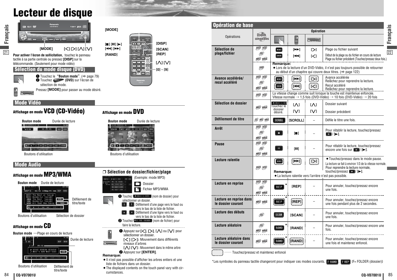 Lecteur de disque, Vcd (cd-vidéo), Mp3/wma | Text, Dvd vtr radio ch-c end, Français, Sélection du mode disque (dvd) mode vidéo, Mode audio, Opération de base, Sélection de dossier/fichier/plage | Panasonic CQ-VD7001U User Manual | Page 43 / 93