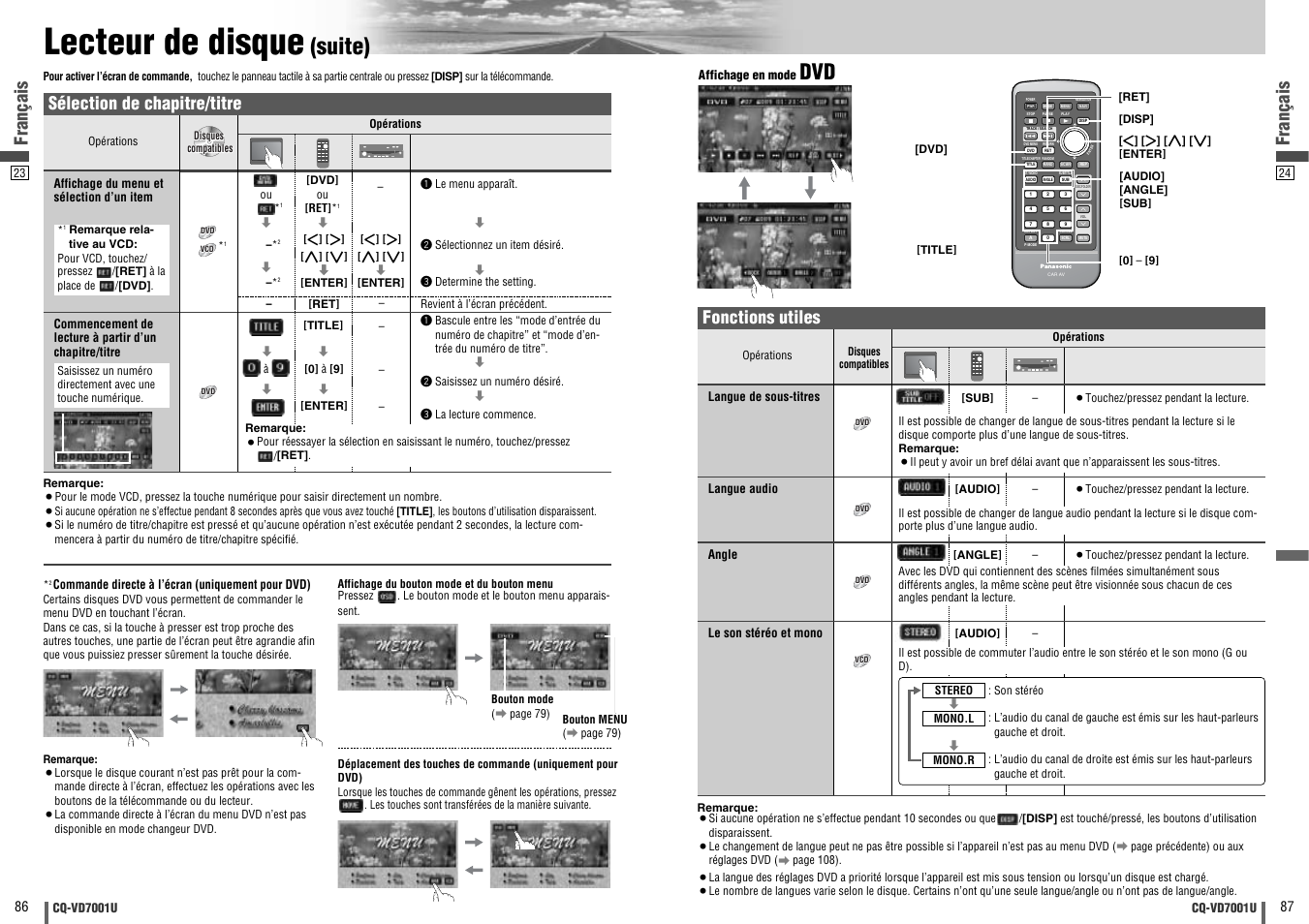 Lecteur de disque, Suite), Dvd vtr radio ch-c end | Français, Fonctions utiles, Sélection de chapitre/titre | Panasonic CQ-VD7001U User Manual | Page 44 / 93