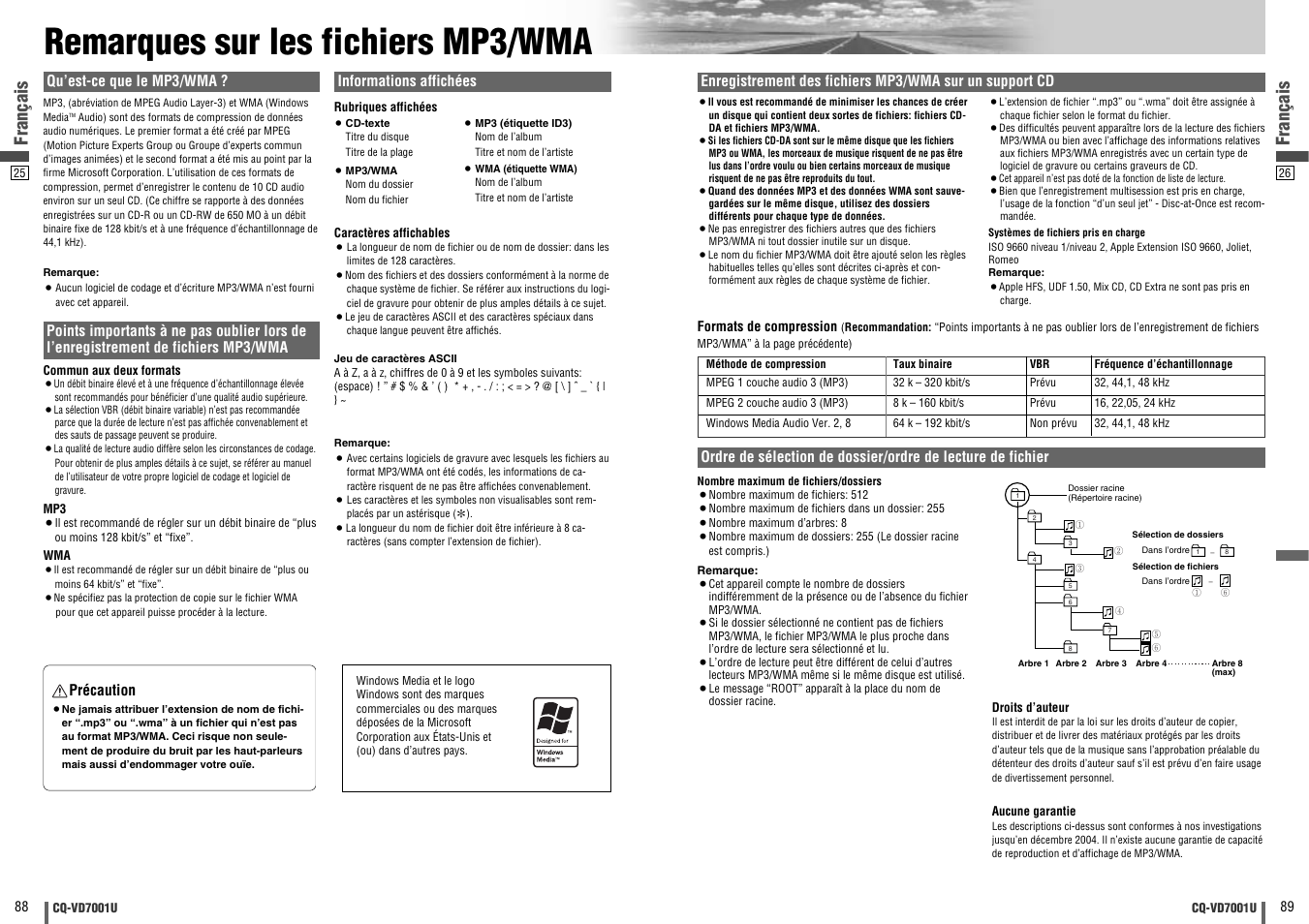 Remarques sur les fichiers mp3 / vma, Remarques sur les fichiers mp3/wma, Français | Qu’est-ce que le mp3/wma, Informations affichées, Précaution | Panasonic CQ-VD7001U User Manual | Page 45 / 93