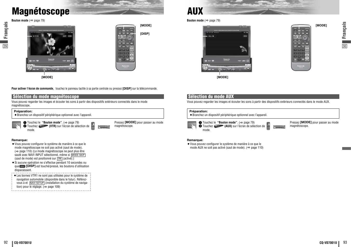 Magnetoscope, Magnétoscope aux, Enter | Open / close, Text, Dvd vtr radio ch-c end, Français, Sélection du mode magnétoscope, Sélection du mode aux, Cq-vd7001u | Panasonic CQ-VD7001U User Manual | Page 47 / 93