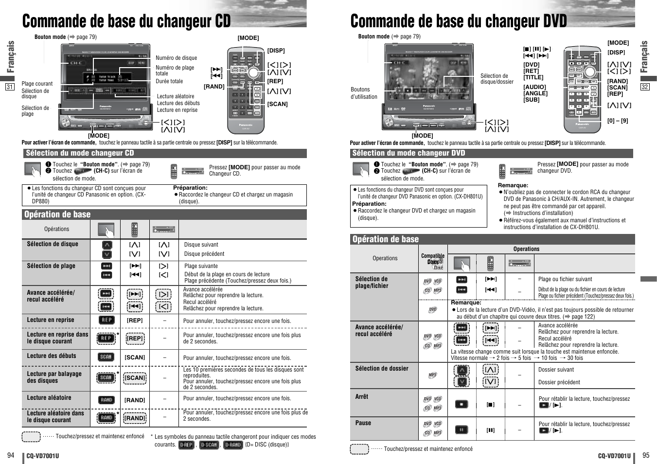 Commande de base du changeur cd, Commande de base du changeur dvd, Dvd vtr radio ch-c end | Enter, Open / close, Text, Français, Opération de base, Sélection du mode changeur cd, Sélection du mode changeur dvd | Panasonic CQ-VD7001U User Manual | Page 48 / 93