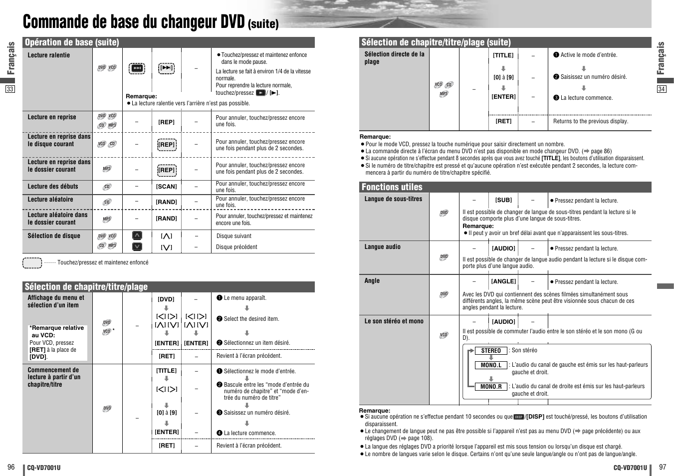 Commande de base du changeur dvd, Suite), Français | Opération de base (suite), Fonctions utiles, Sélection de chapitre/titre/plage, Sélection de chapitre/titre/plage (suite) | Panasonic CQ-VD7001U User Manual | Page 49 / 93