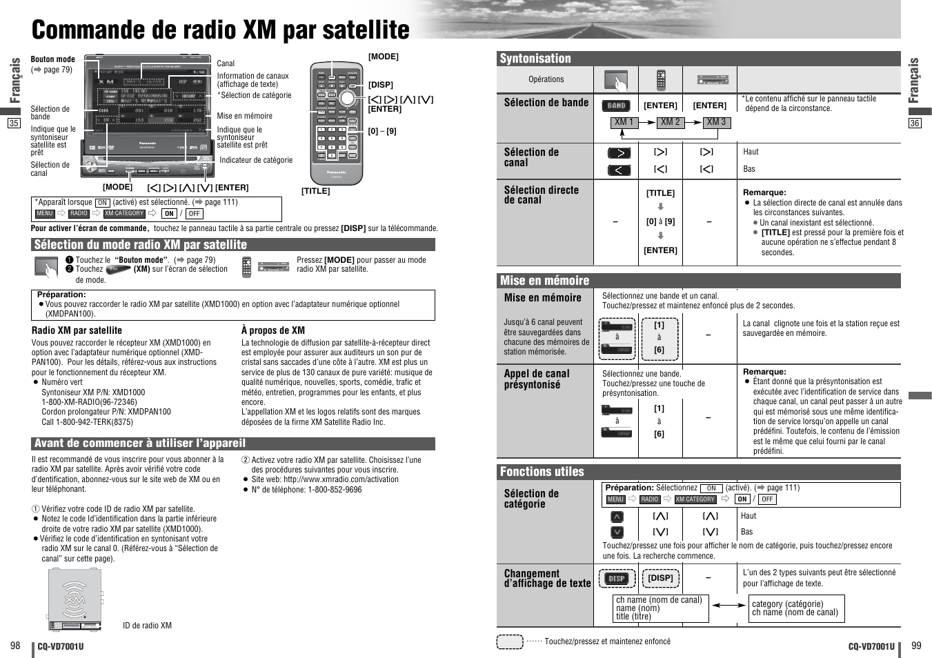 Commande de radio xm par satellite, Enter, Open / close | Text, Dvd vtr radio ch-c end, Français, Sélection du mode radio xm par satellite, Mise en mémoire, Fonctions utiles, Syntonisation | Panasonic CQ-VD7001U User Manual | Page 50 / 93
