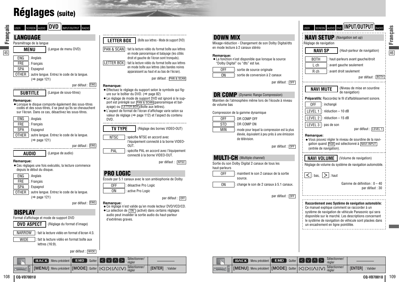 Réglages, Suite), Navi setup | Display, Pro logic, Language, Down mix, Multi-ch, Dr comp, Français | Panasonic CQ-VD7001U User Manual | Page 55 / 93