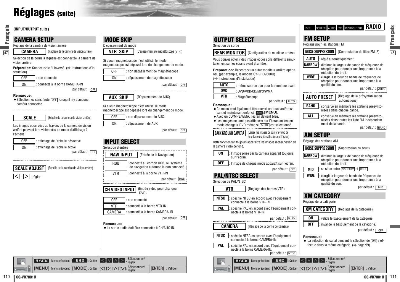 Réglages, Suite), Pal/ntsc select | Input select, Output select, Camera setup, Mode skip, Fm setup, Am setup, Xm category | Panasonic CQ-VD7001U User Manual | Page 56 / 93