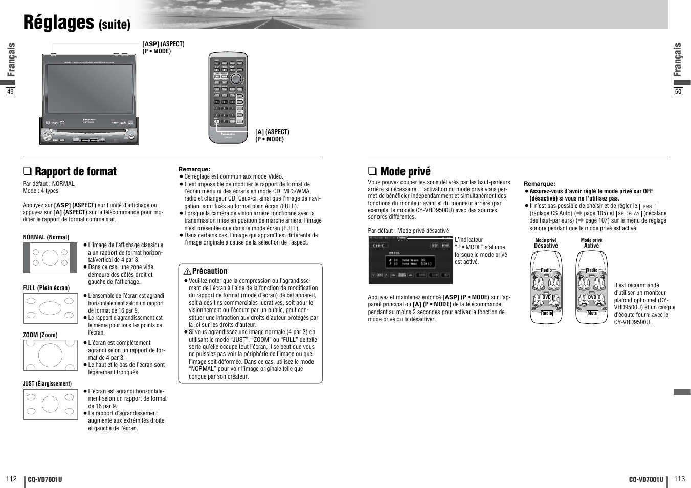Réglages, Suite), Rapport de format | Mode privé, Enter, Open / close, Text, Français, Précaution | Panasonic CQ-VD7001U User Manual | Page 57 / 93