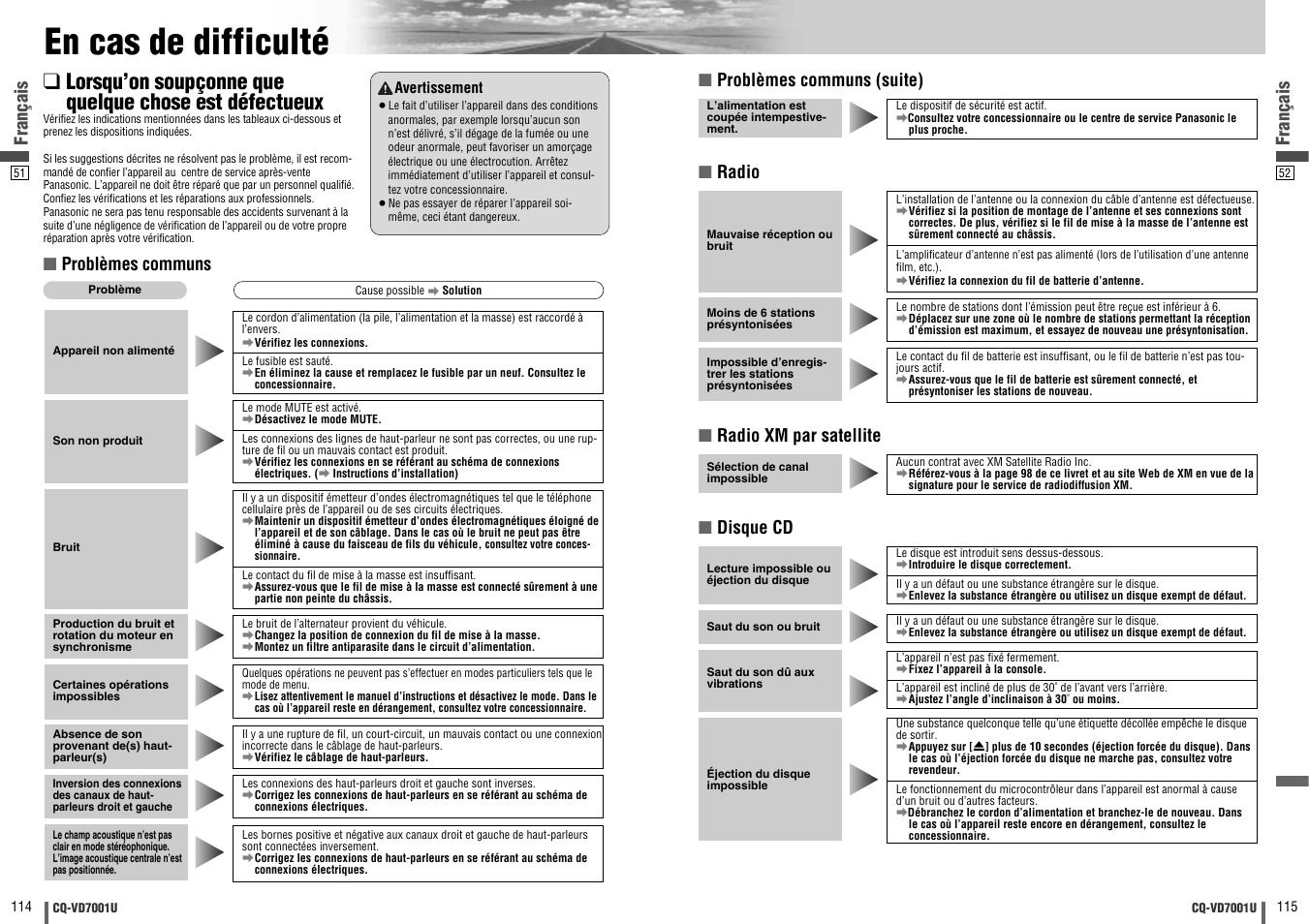 En cas de difficulte, En cas de difficulté, Français | Français ■ problèmes communs | Panasonic CQ-VD7001U User Manual | Page 58 / 93