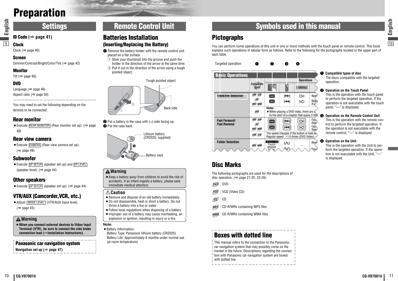 Preparation, Pictographs, Disc marks | Boxes with dotted line, Batteries installation, English | Panasonic CQ-VD7001U User Manual | Page 6 / 93