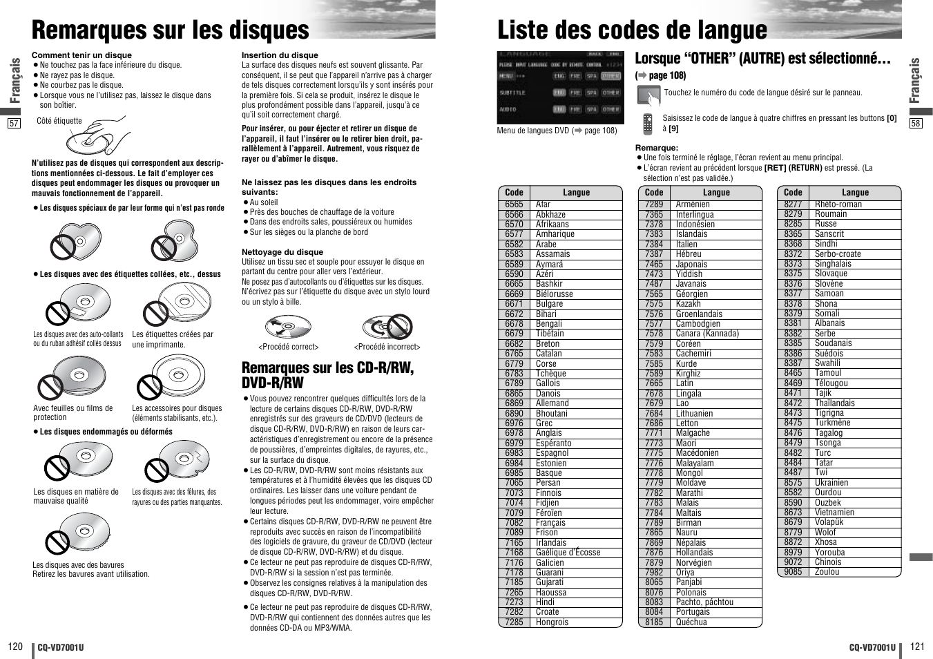 Remarques sur les disques, Liste des codes de langue, Lorsque “other” (autre) est sélectionné | Remarques sur les cd-r/rw, dvd-r/rw, Dvd vtr radio ch-c end, Français | Panasonic CQ-VD7001U User Manual | Page 61 / 93