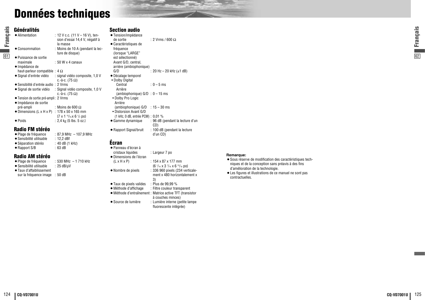 Donnees techniques, Données techniques, Français | Généralités, Radio fm stéréo, Radio am stéréo, Écran | Panasonic CQ-VD7001U User Manual | Page 63 / 93