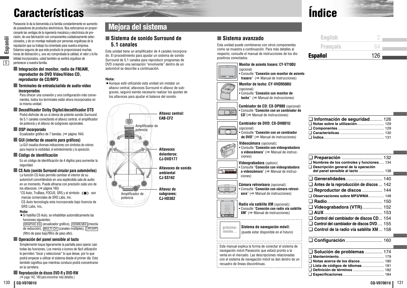 Indice, Caracteristicas, Características | Índice, Mejora del sistema, Panasonic, Cy-v7100u, Intelligent system bs g-code power | Panasonic CQ-VD7001U User Manual | Page 66 / 93