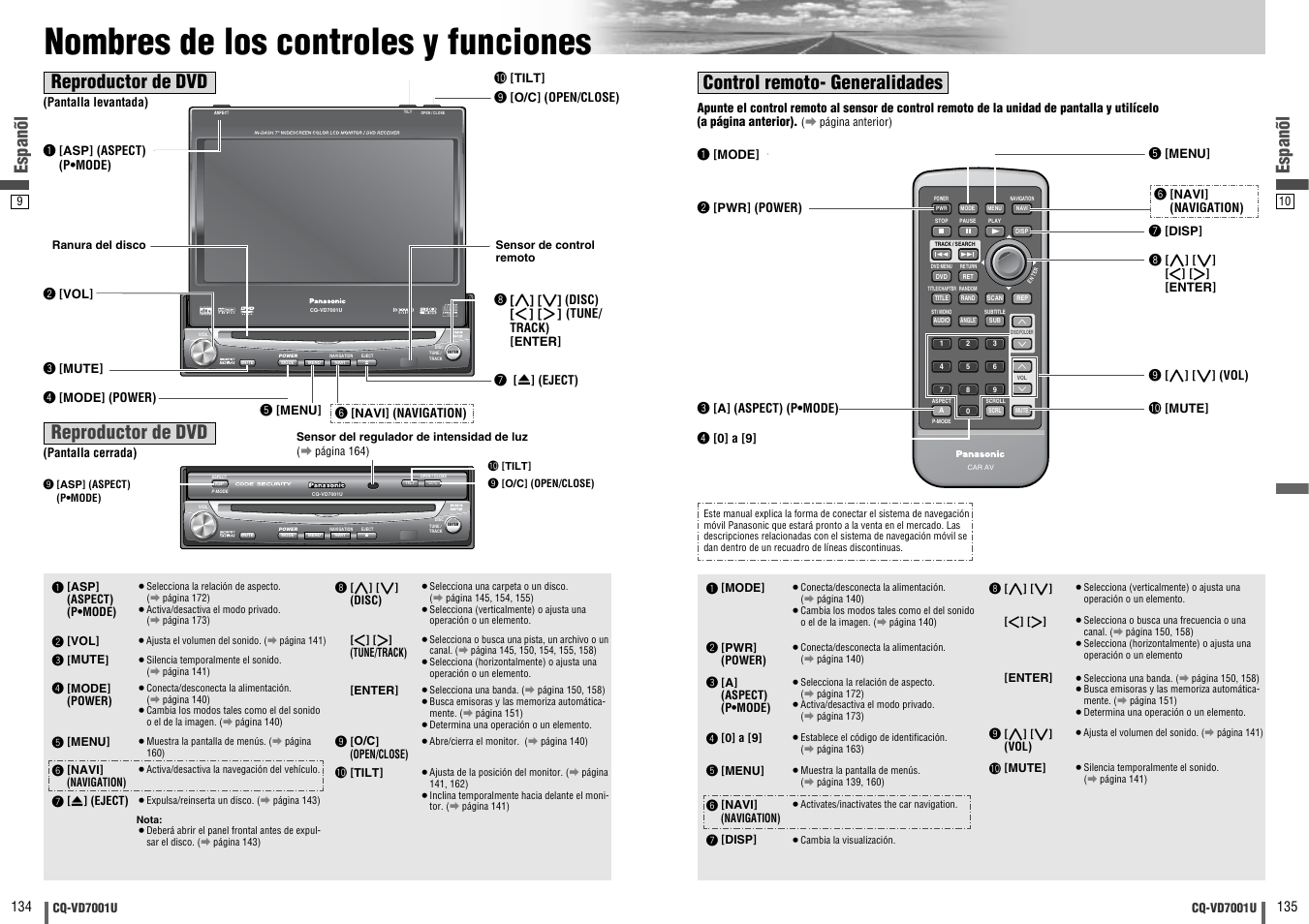 Nombres de los controles y funciones, Text, Espanõl | Reproductor de dvd, Control remoto- generalidades | Panasonic CQ-VD7001U User Manual | Page 68 / 93