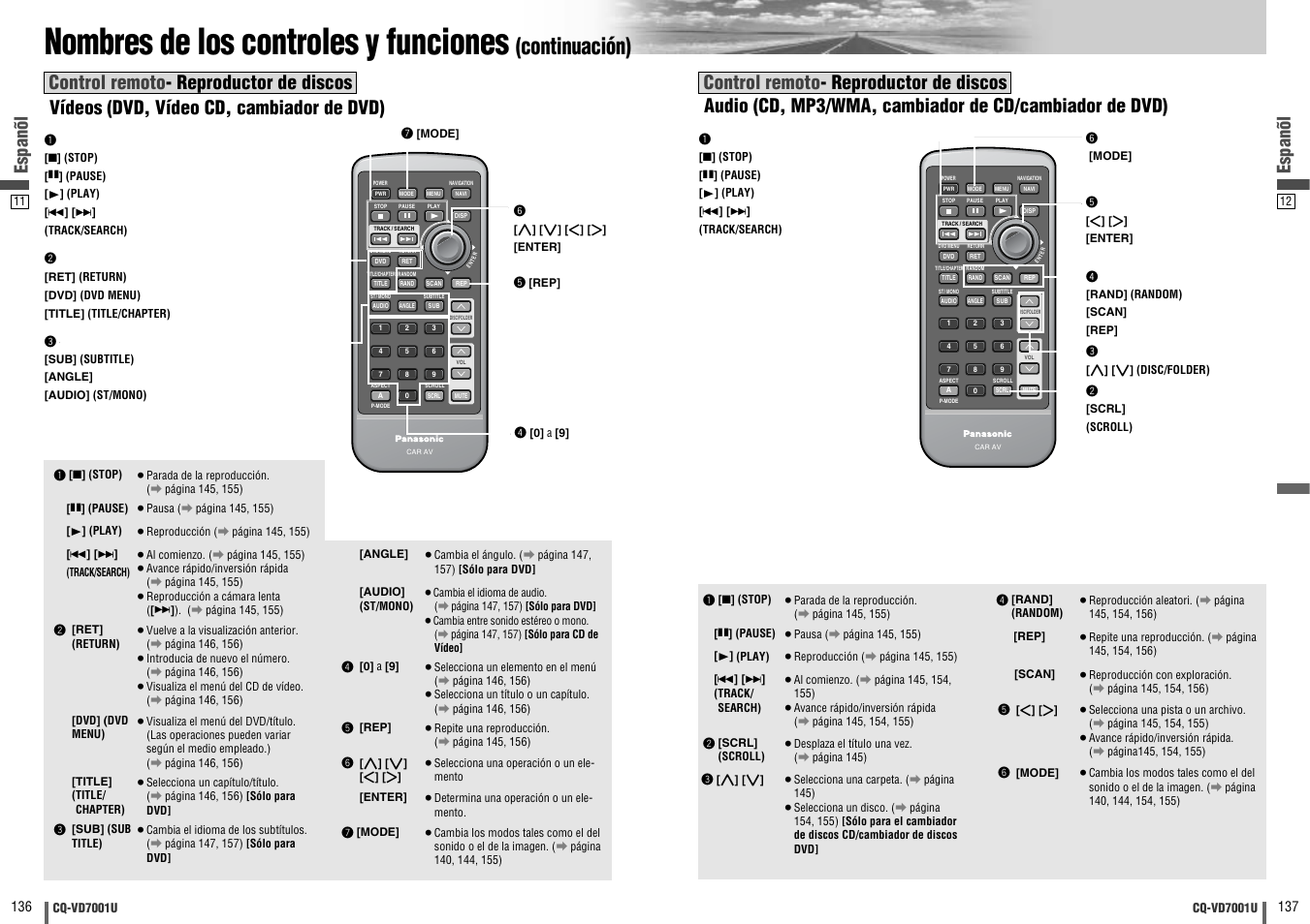 Nombres de los controles y funciones, Continuación), Espanõl | Panasonic CQ-VD7001U User Manual | Page 69 / 93