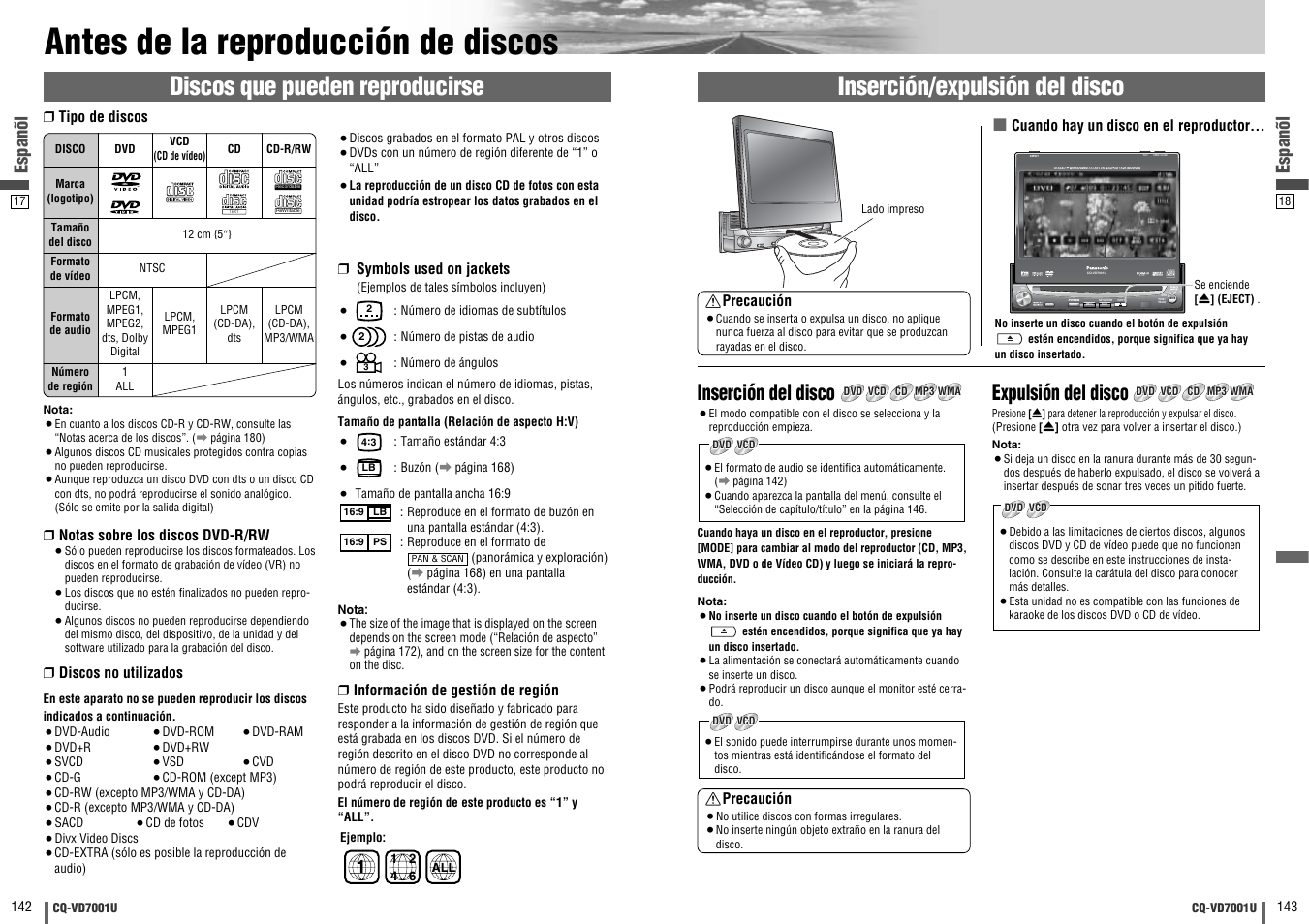 Antes de la reproduccion de discos, Antes de la reproducción de discos, Discos que pueden reproducirse | Inserción/expulsión del disco, Inserción del disco, Expulsión del disco, Enter, Open / close, Tilt text, Espanõl | Panasonic CQ-VD7001U User Manual | Page 72 / 93