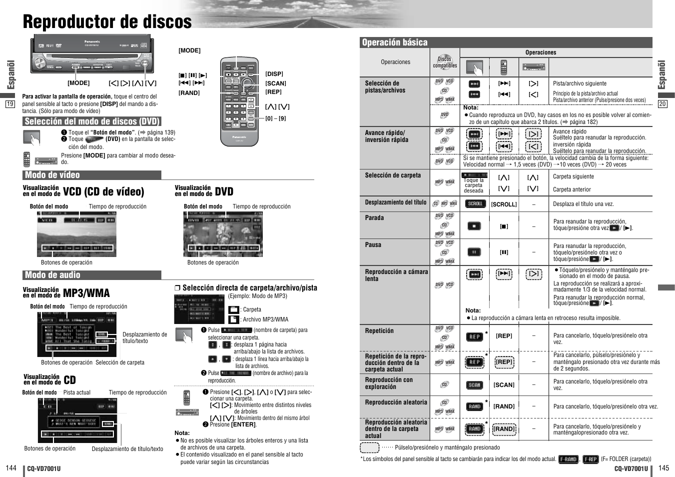 Reproductor de discos, Vcd (cd de vídeo), Mp3/wma | Text, Dvd vtr radio ch-c end, Espanõl, Selección del modo de discos (dvd) modo de vídeo, Modo de audio, Operación básica, Selección directa de carpeta/archivo/pista | Panasonic CQ-VD7001U User Manual | Page 73 / 93