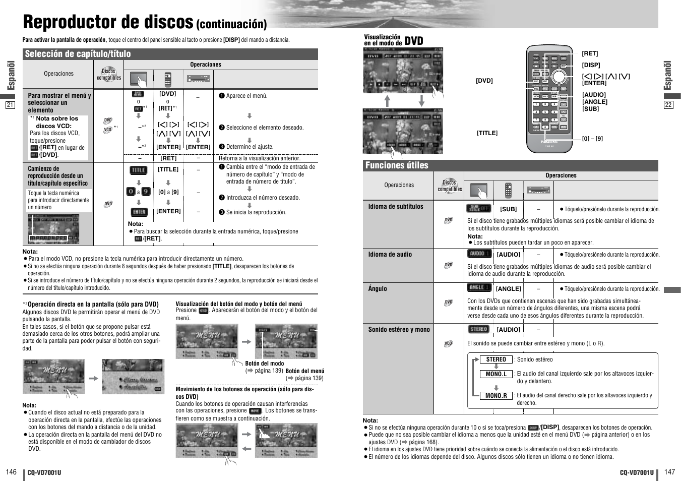 Reproductor de discos, Continuación), Dvd vtr radio ch-c end | Espanõl, Funciones útiles, Selección de capítulo/título | Panasonic CQ-VD7001U User Manual | Page 74 / 93