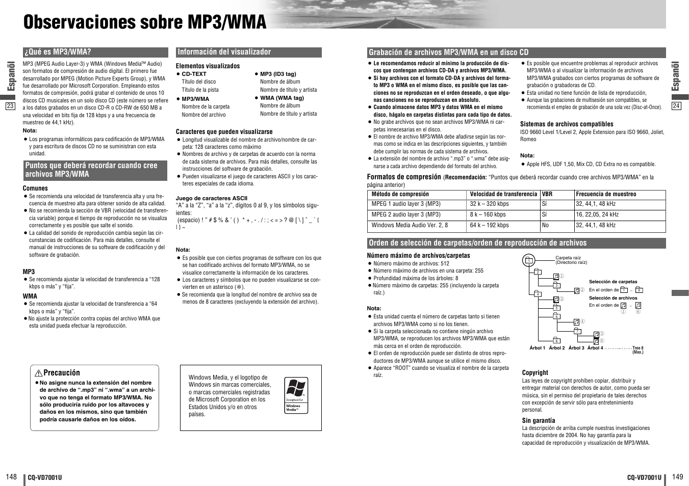 Observaciones sobre mp3 / wma, Observaciones sobre mp3/wma, Espanõl | Qué es mp3/wma, Información del visualizador, Precaución, Grabación de archivos mp3/wma en un disco cd | Panasonic CQ-VD7001U User Manual | Page 75 / 93