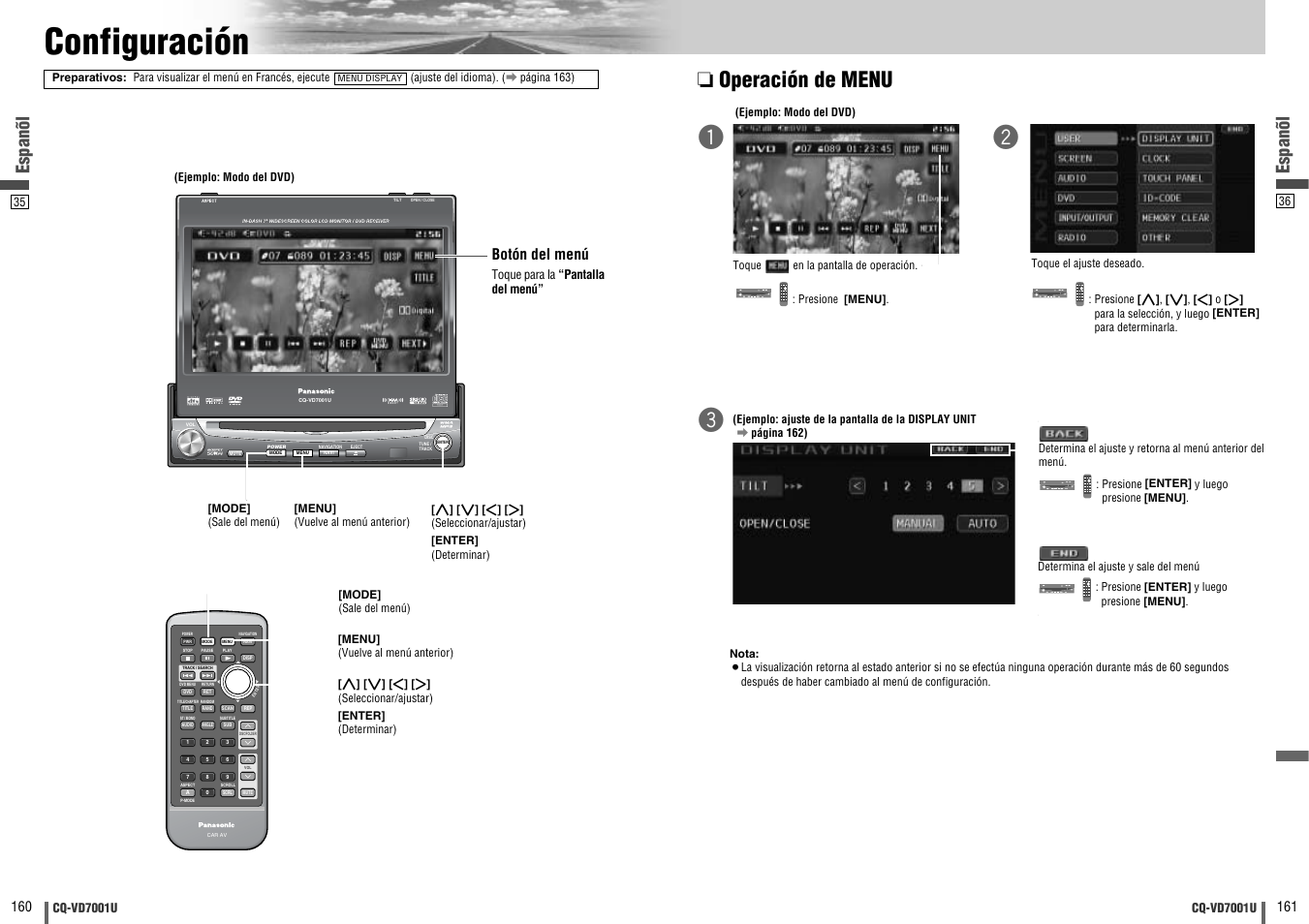 Configuracion, Configuración, Operación de menu | Text, Espanõl, Botón del menú | Panasonic CQ-VD7001U User Manual | Page 81 / 93