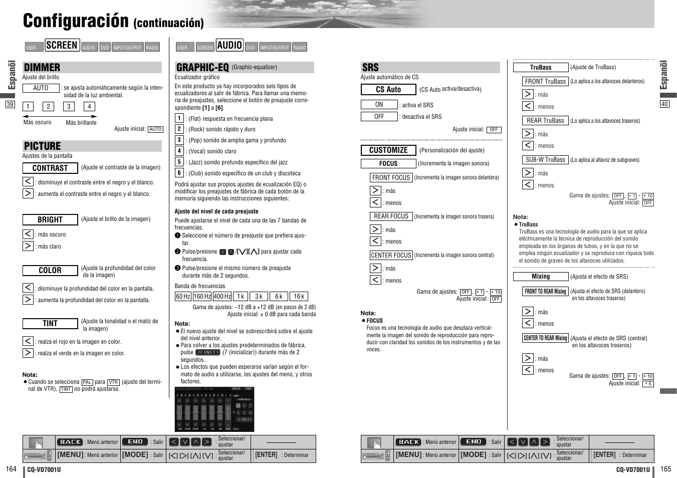 Configuración, Continuación), Dimmer | Picture, Graphic-eq, Espanõl, Audio, Screen | Panasonic CQ-VD7001U User Manual | Page 83 / 93