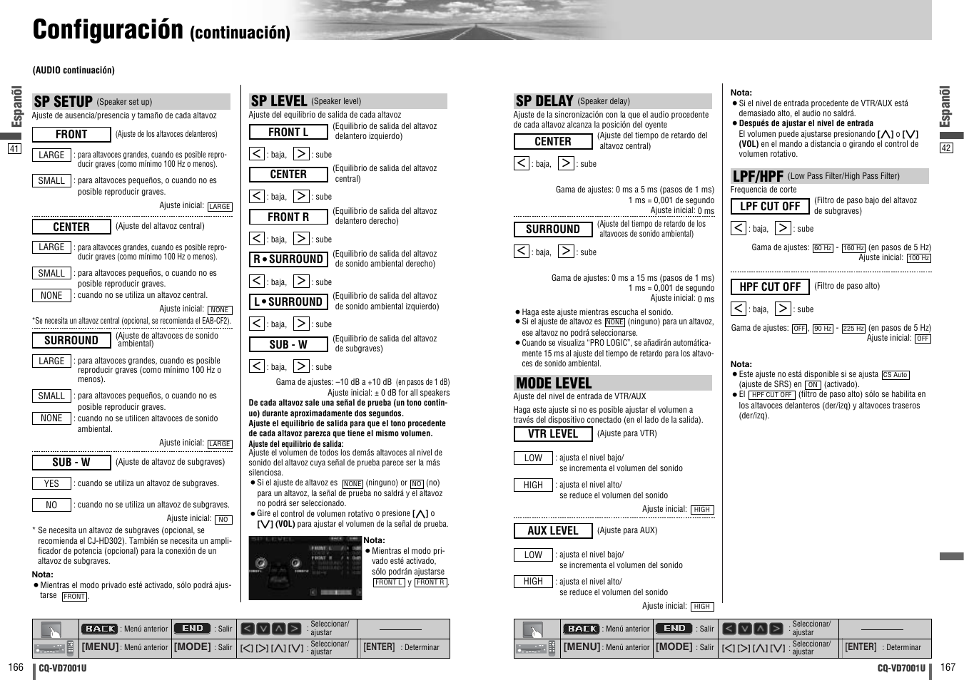 Configuración, Continuación), Lpf/hpf | Sp delay, Mode level, Sp level, Sp setup, Espanõl | Panasonic CQ-VD7001U User Manual | Page 84 / 93