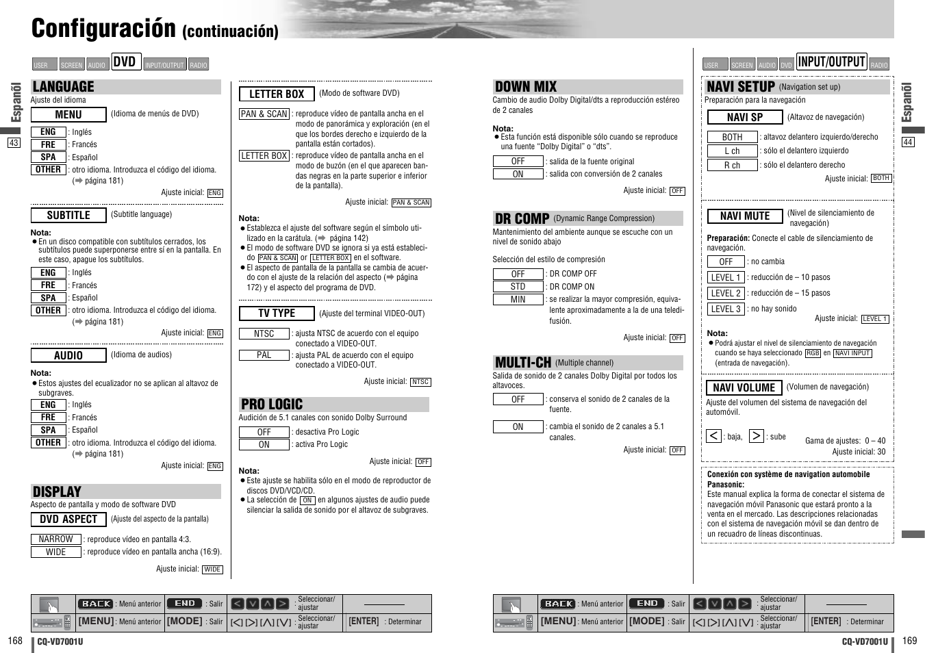Configuración, Continuación), Navi setup | Display, Pro logic, Language, Down mix, Multi-ch, Dr comp, Espanõl | Panasonic CQ-VD7001U User Manual | Page 85 / 93