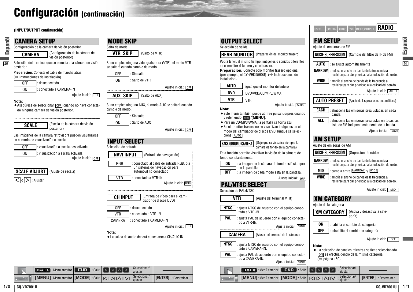 Configuración, Continuación), Pal/ntsc select | Fm setup, Am setup, Xm category, Input select, Output select, Camera setup, Mode skip | Panasonic CQ-VD7001U User Manual | Page 86 / 93