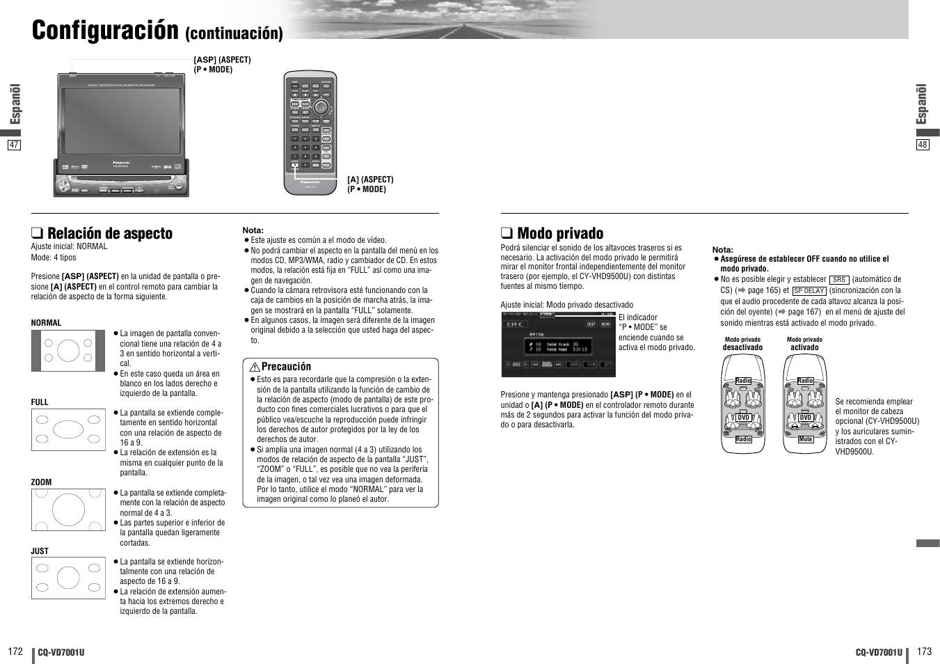 Configuración, Continuación), Relación de aspecto | Modo privado, Enter, Open / close, Text, Espanõl, Precaución | Panasonic CQ-VD7001U User Manual | Page 87 / 93